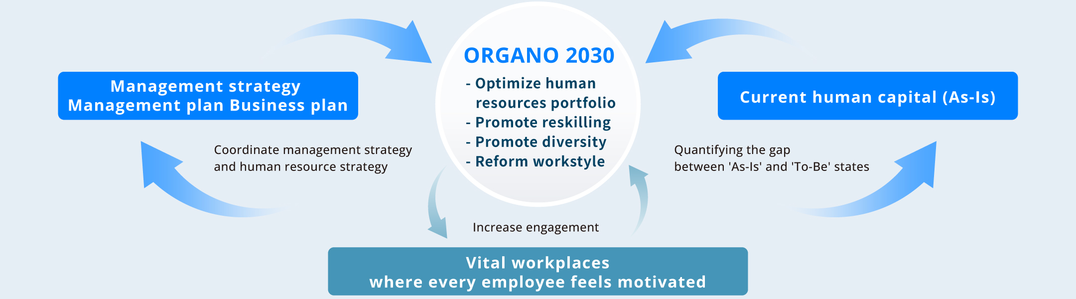 Management strategy Management plan Business plan → ORGANO 2030 → Current human capital (As-Is) ← A workplace where each and every employee feels motivated and energized